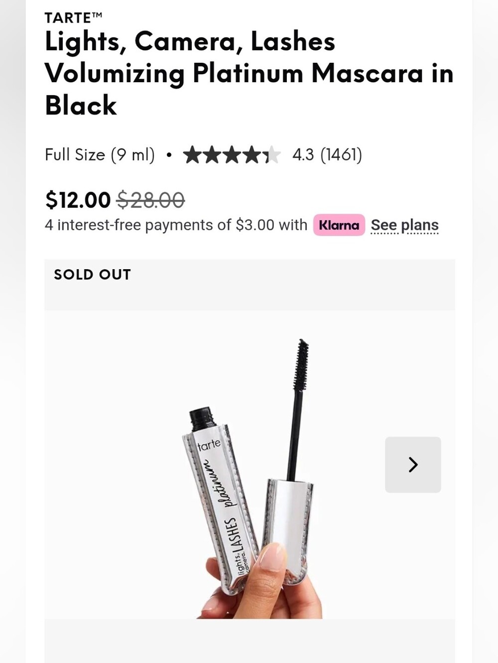 tarte Lights, Camera, Lashes Volumizing Platinum Mascara — Black